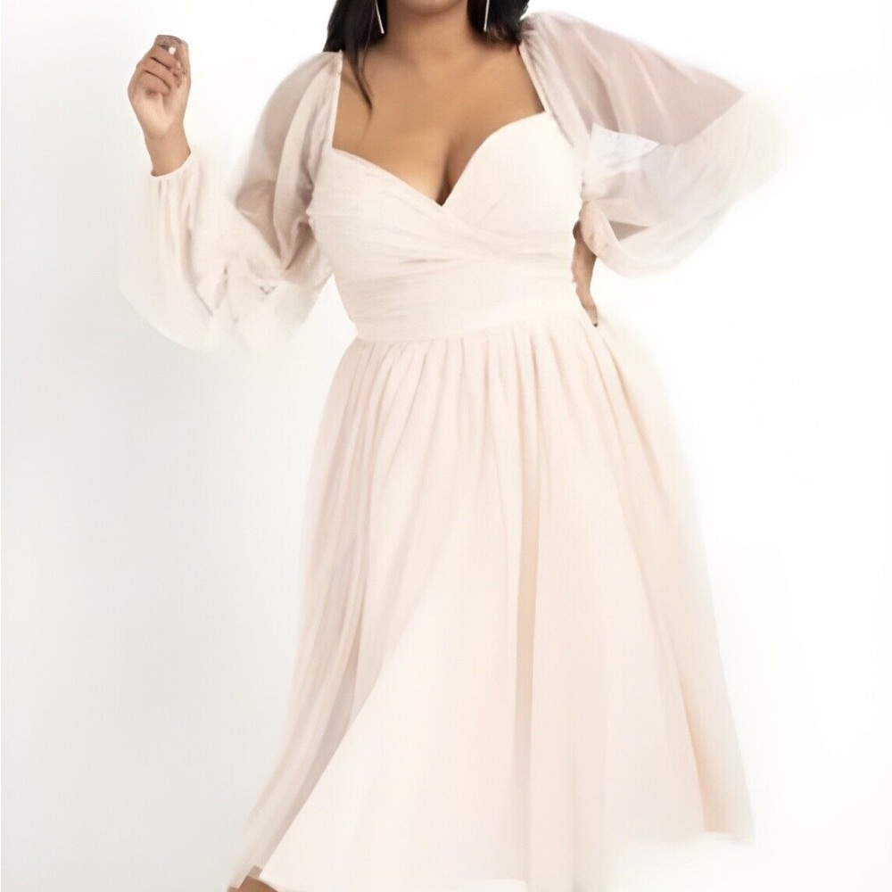 Nabela Noor x Eloquii  Tiered Puff Sleeve Tulle Midi Dress Blush Pink